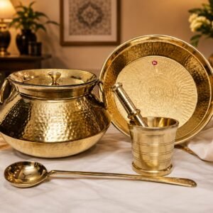 Vessaura Premium Brass Vintage Handi Combo Set with Brass Parat, Brass Khalbatta (Okhli) & Brass Ladle (Golchi)