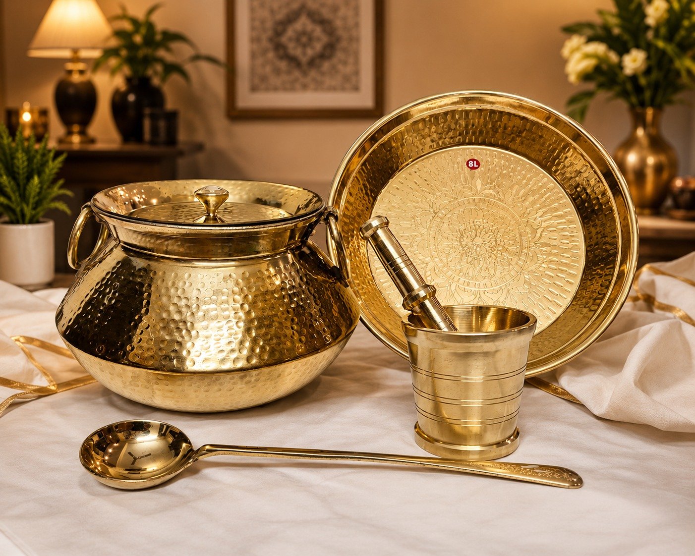 Vessaura Premium Brass Vintage Handi Combo Set with Brass Parat, Brass Khalbatta (Okhli) & Brass Ladle (Golchi)
