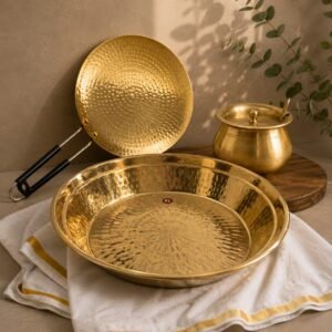 Premium Brass Paraat & Ghee Pot with Brass Roti Tawa – Traditional Handcrafted Brassware Set