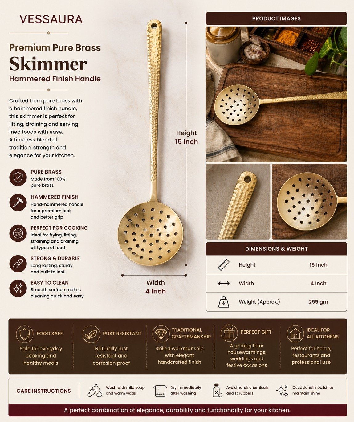 Premium Pure Brass Kitchen Utensil Set (3-Piece) – Hammered Finish Handle - Image 5