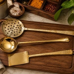 Premium Pure Brass Kitchen Utensil Set (3-Piece) – Hammered Finish Handle