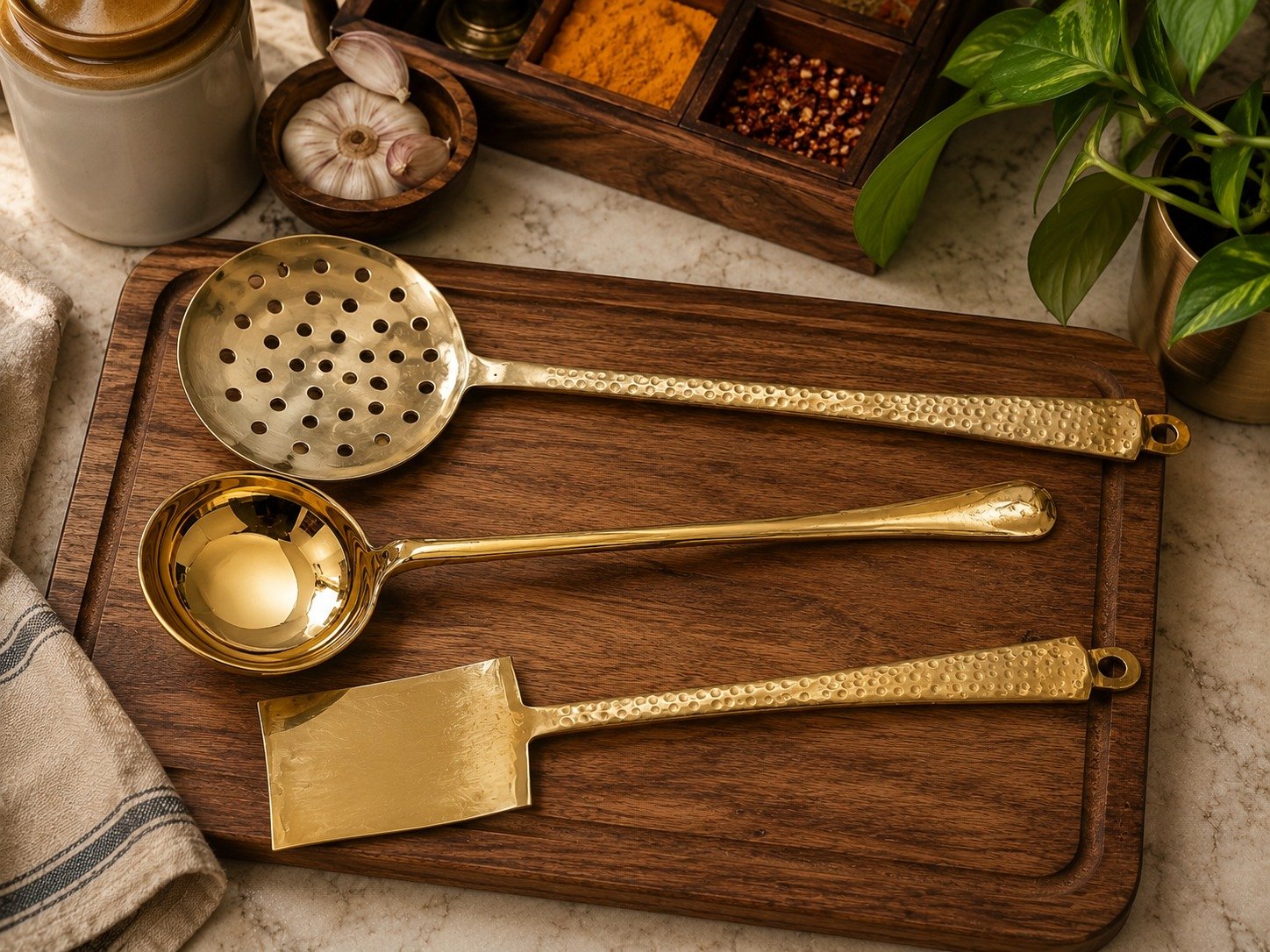 Premium Pure Brass Kitchen Utensil Set (3-Piece) – Hammered Finish Handle