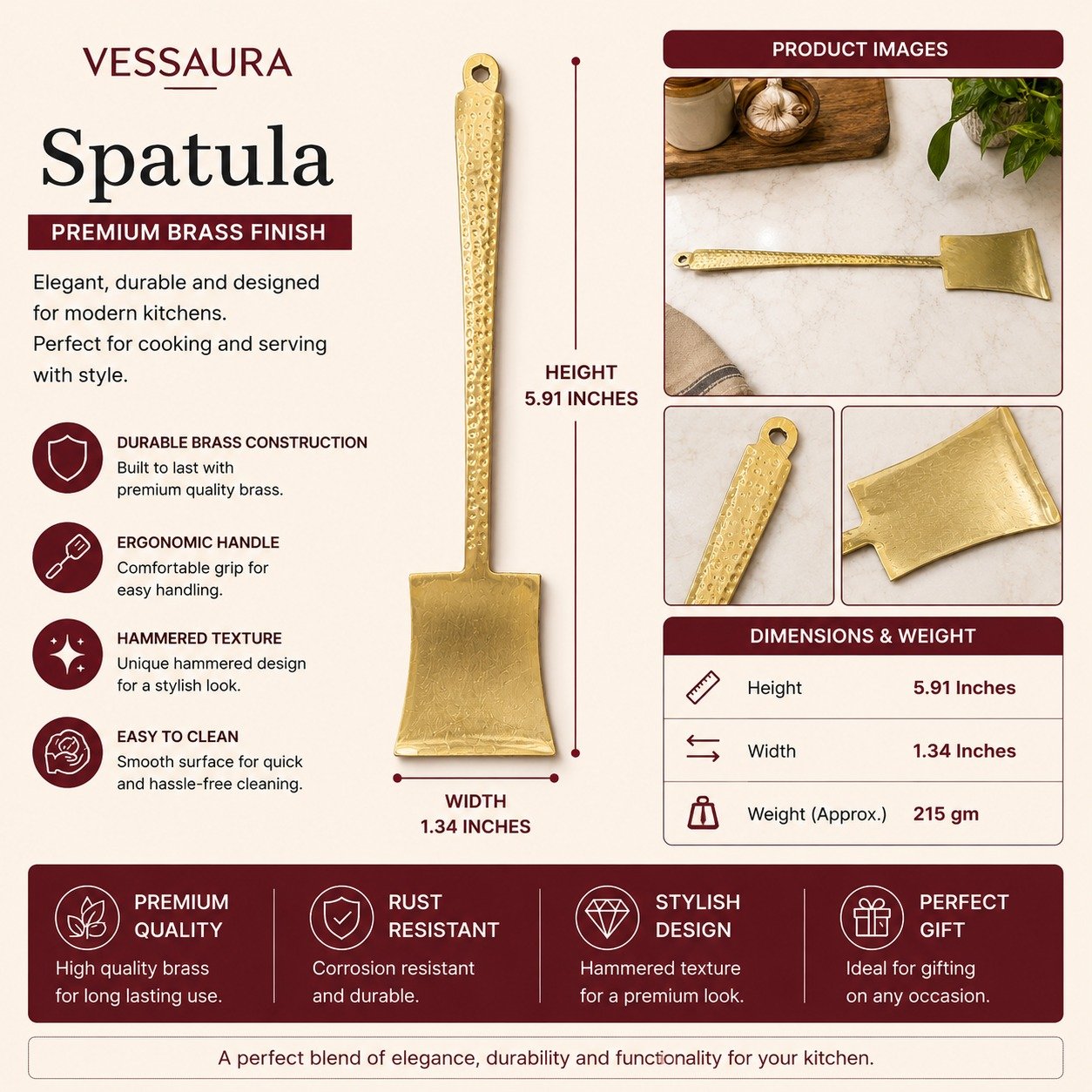 Premium Pure Brass Kitchen Utensil Set (3-Piece) – Hammered Finish Handle - Image 6