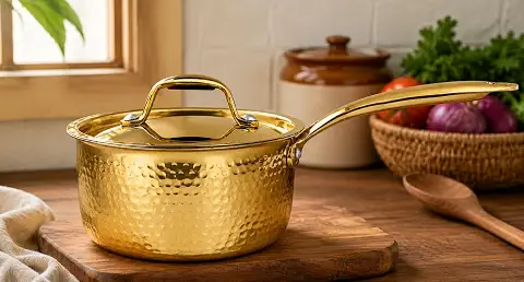 Chai Starter Kit (Brass Saucepan with Insulated steel base with golden PVD coating handle + Brass Mortar and Pestle) + Braas Davaraa - Image 4