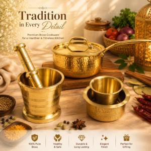 Chai Starter Kit (Brass Saucepan with Insulated steel base with golden PVD coating handle + Brass Mortar and Pestle) + Braas Davaraa