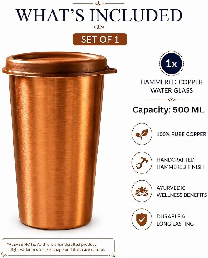 Pure Copper Tumbler with Lid, 500ml Copper Water Cup - Image 2