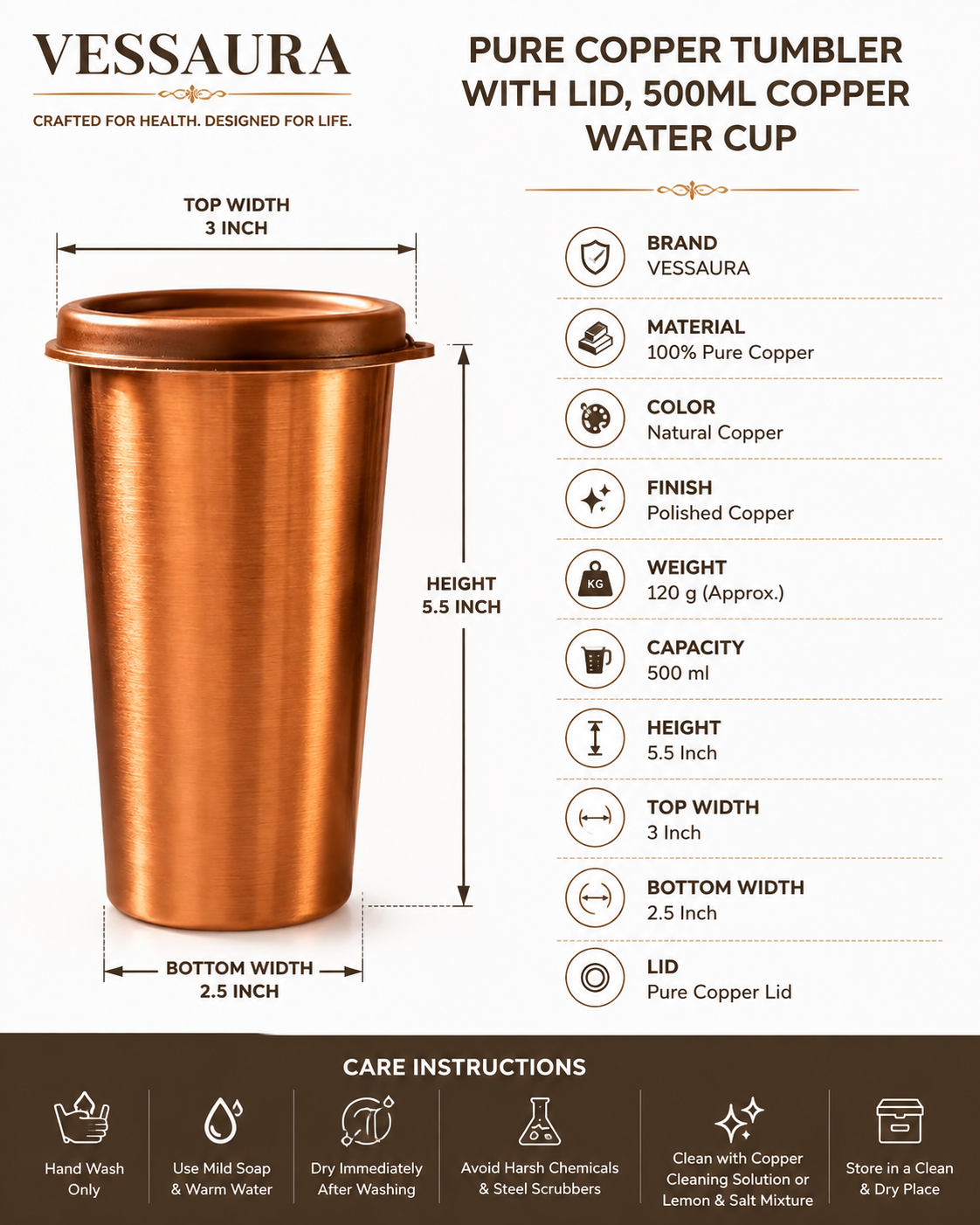 Pure Copper Tumbler with Lid, 500ml Copper Water Cup - Image 4